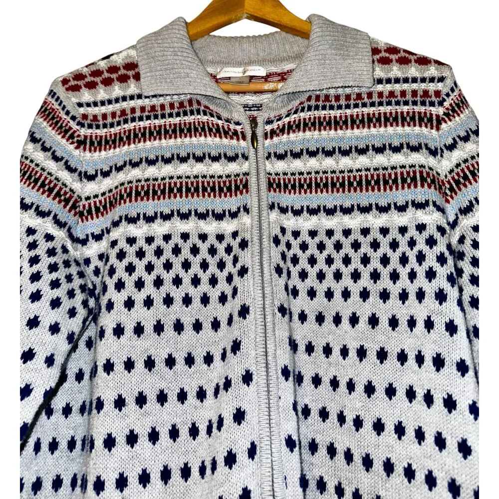 Christopher Banks Full Zip Cardigan Sweater Gray Fair Isle Womens Large Holiday - Image 2
