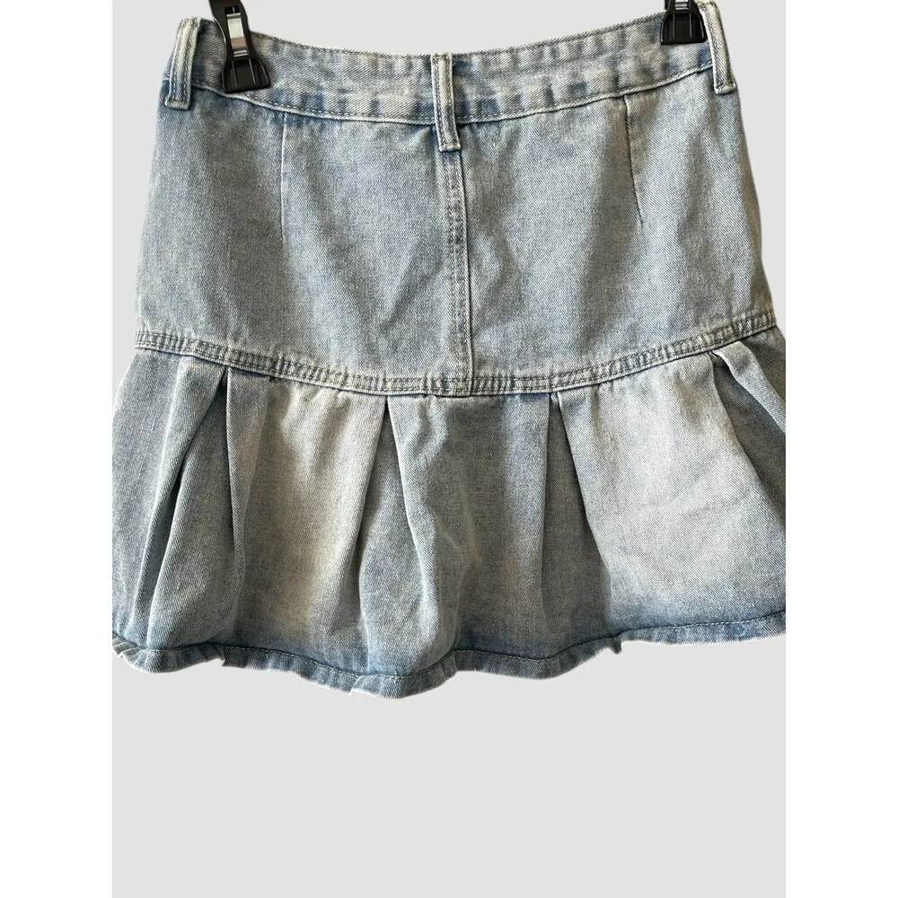 Women’s Denim Pleated Skirt Y2K Fringed Pockets Stretch Sz Medium Cotton Viscose - Image 5
