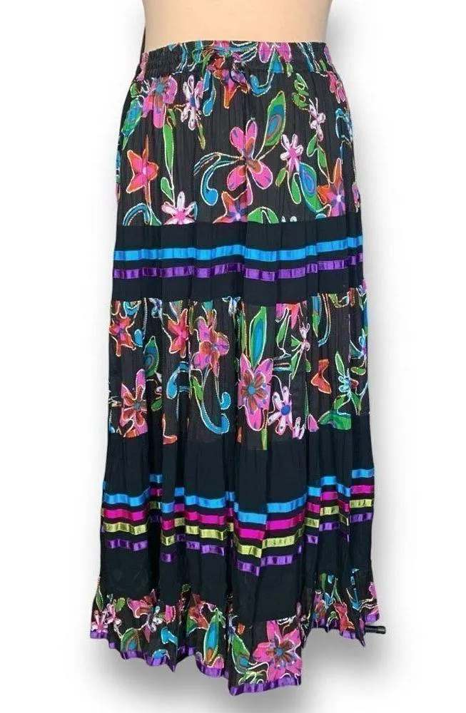 Vintage 90s Maxi Skirt Black Multicolor Floral Print Ribbon Detail Tiered Medium - Image 2