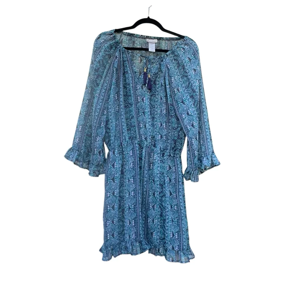 Tommy Bahama Blue Tassel Sheer Boho Swim Coverup Dress Small Ruffle Hem in EUC - Image 3
