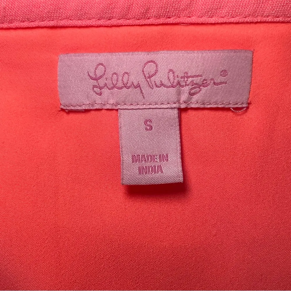 Lilly Pulitzer Neon Coral‎ Pink Sun Ray Babydoll Dress Gold Crochet Party Small - Image 5