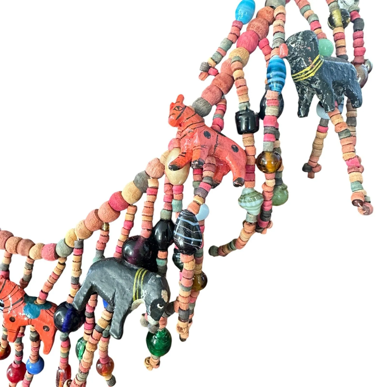 Vintage Carved Animal Wood Bead Folk Art Fringe Necklace Statement Bohemian - Image 3