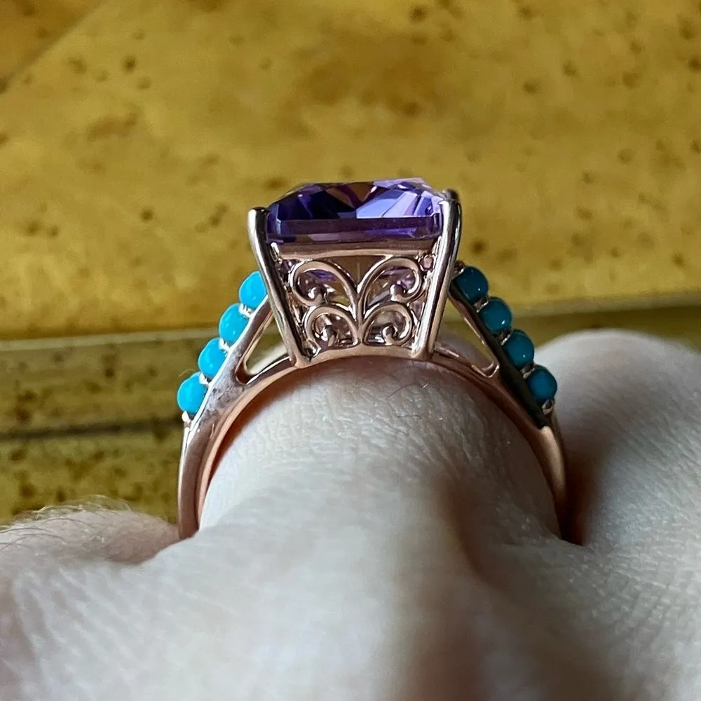 Rose de France Amethyst Sleeping Beauty Turquoise Sterling Silver Ring Size 8 Blue - Image 2