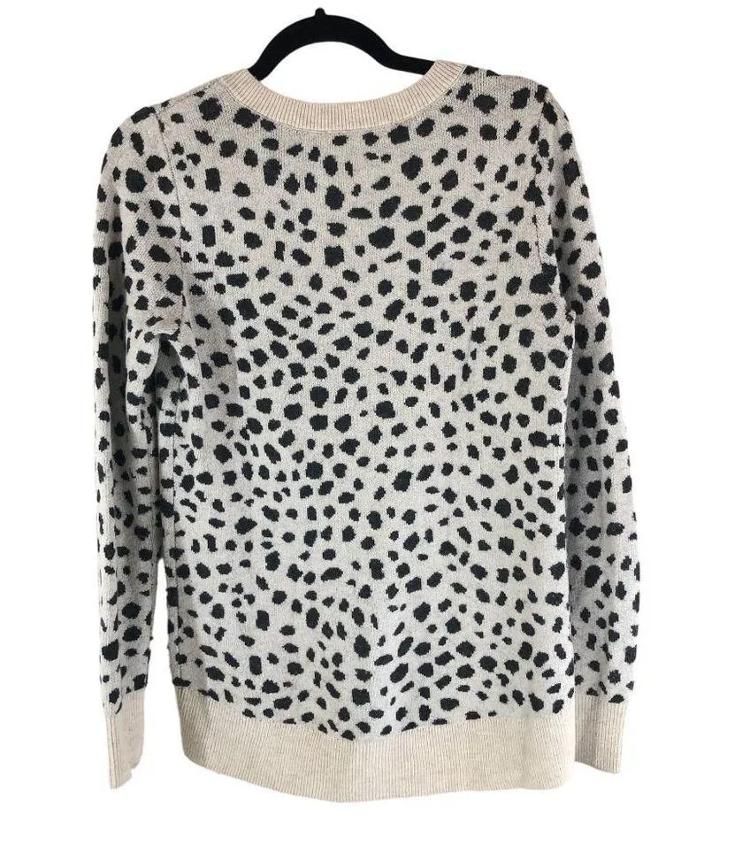 LOFT Sweater Oversized Hi Low Leopard Print V Neck Wool Blend Ivory Black S - Image 2