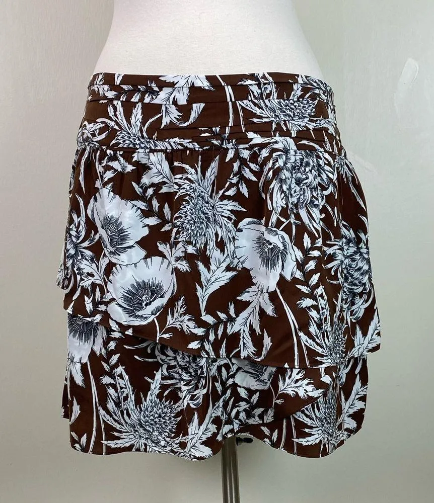 NEW Express Asymmetrical Tiered Tropical Floral Print Mini Skirt | BROWN | Sz 14 - Image 4