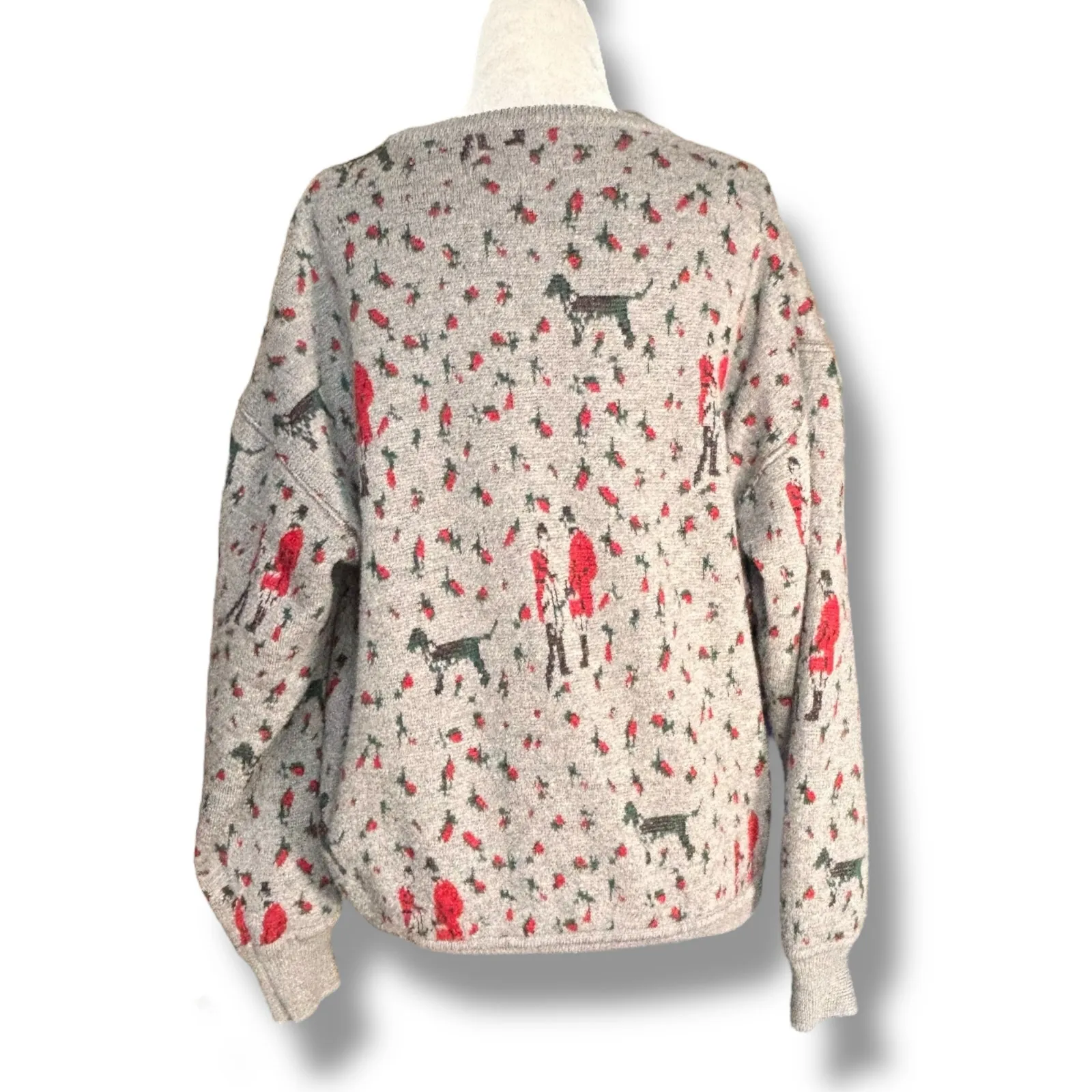90s Grey Knit Sweater Hunting Scene Dog Animal Print Floral Roses Crew Neck Knit Gray Size L - Image 5