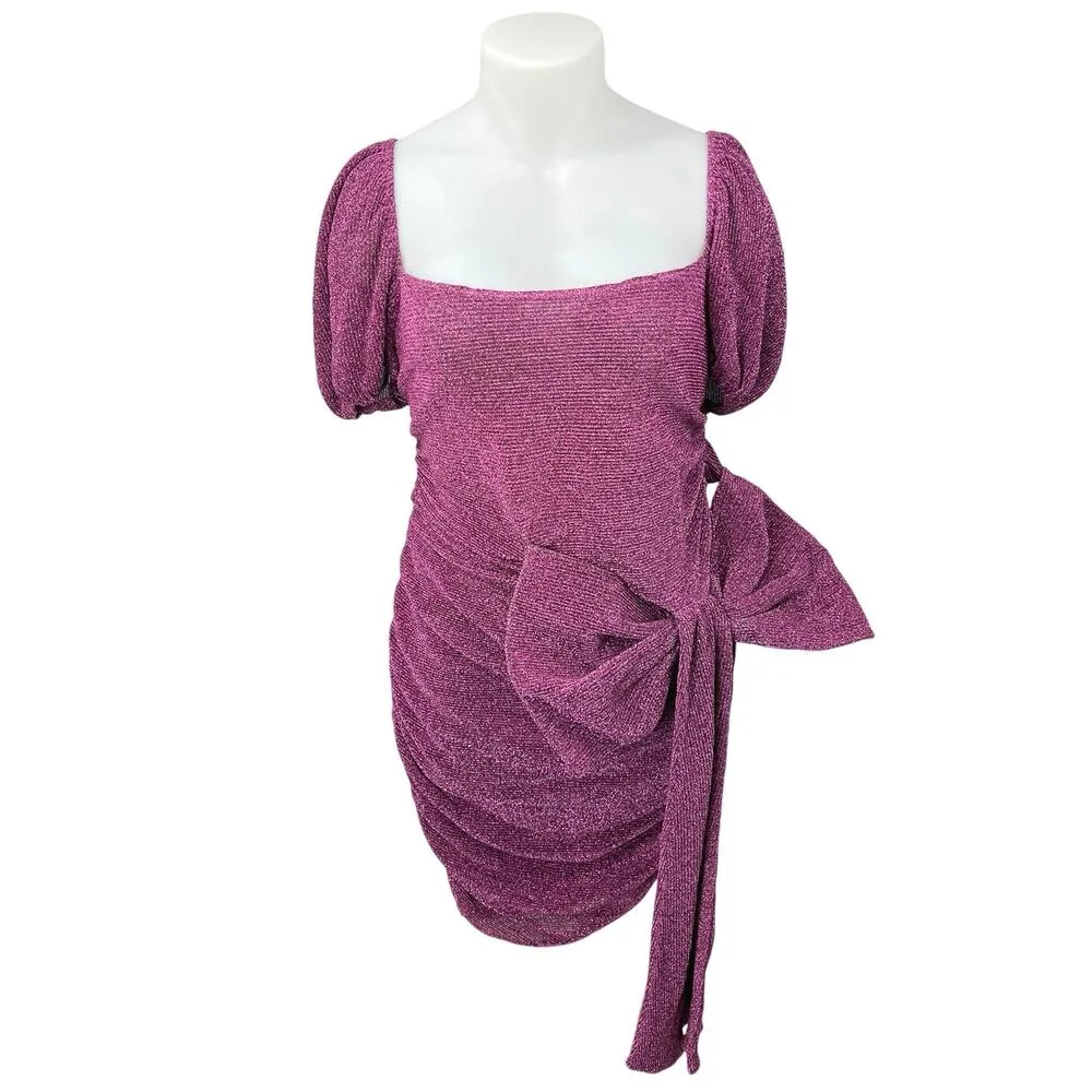 PrettyLittleThing Purple Metallic Sparkly Bow Tie Puff Sleeve Mini Dress Size 16 - Image 5