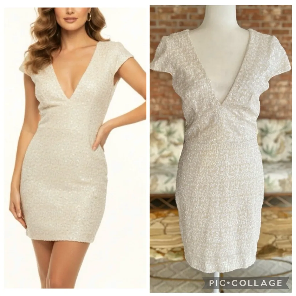 Dress The Population Dress Zoe Sequin Bodycon White Cream Mini 2 Cocktail Low V - Image 2