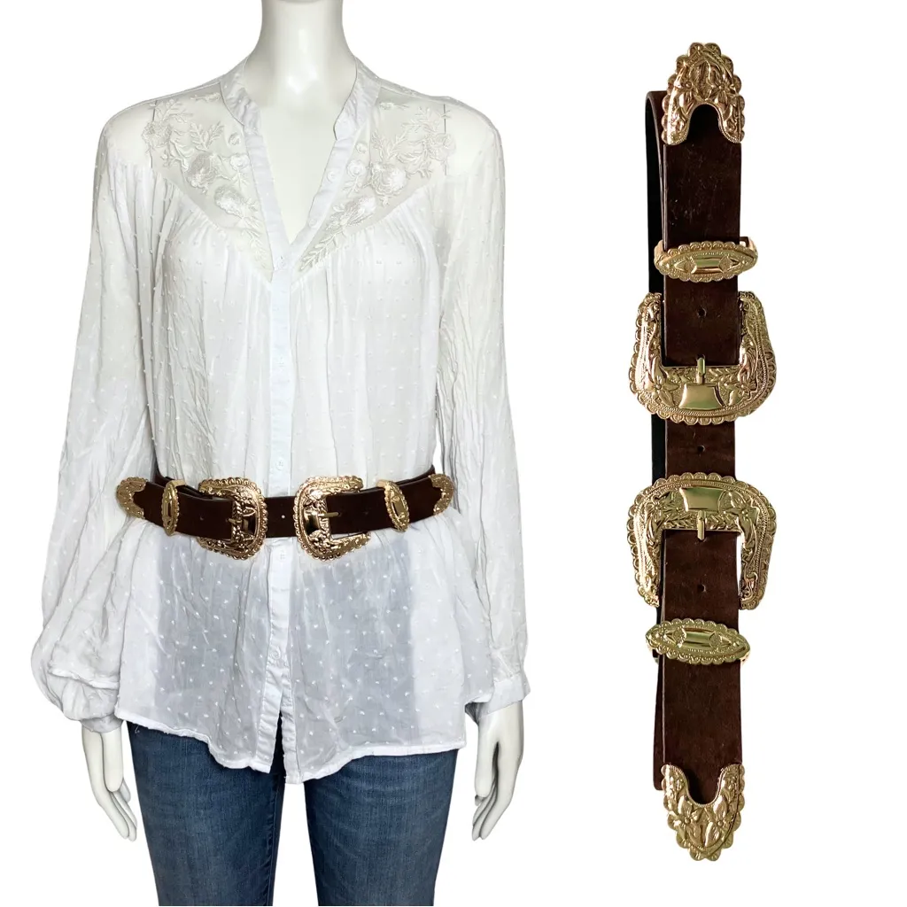Y2K Western Brown Rose Gold Tone Double Buckle Belt. XS/S Floral Feminine Boho - Image 2