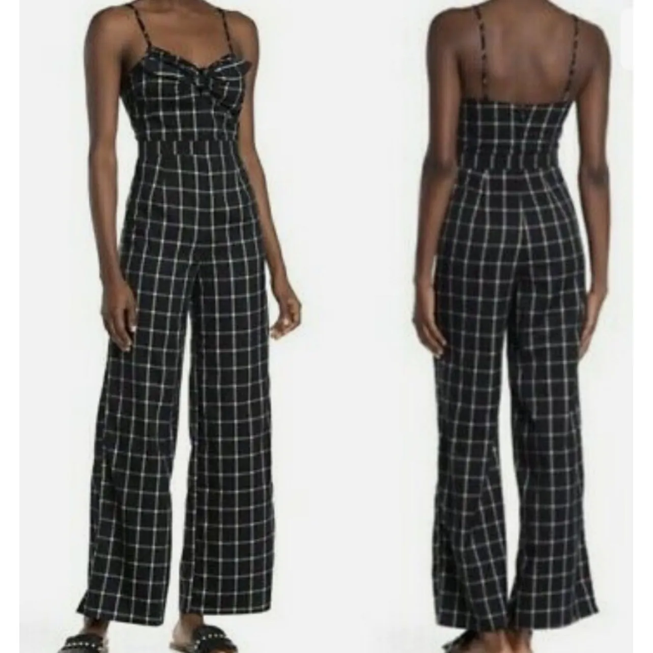 Romeo and Juliet Plaid Jumpsuit Spaghetti Strap Tie Front Wide Leg   Size L - Image 2