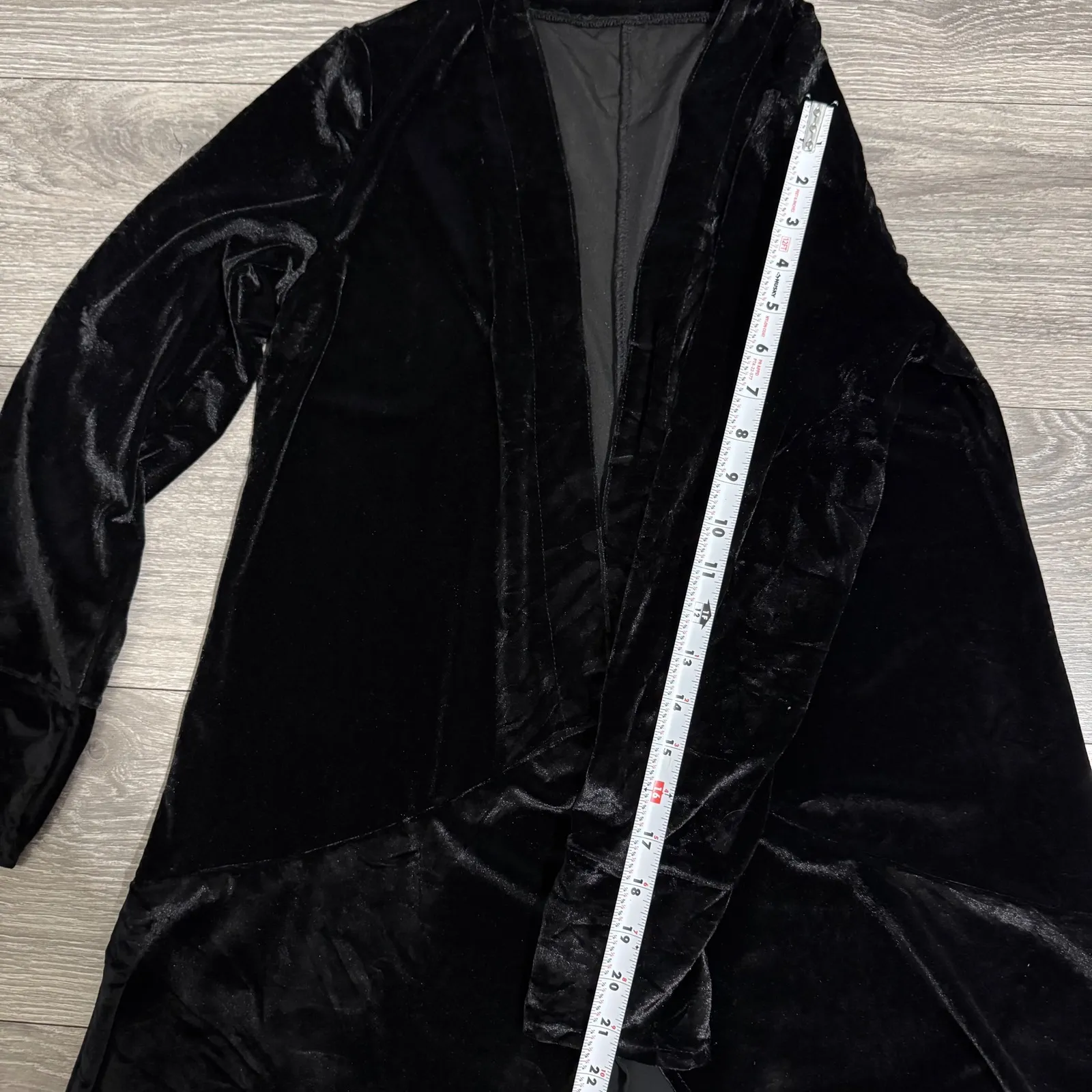 90s Black Velvet Duster Goth Cardigan Waterfall Sheer Hem Open Front Women S - Image 16