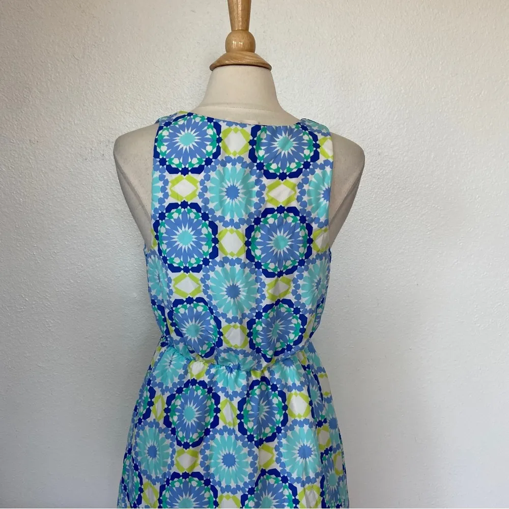 Retro Patten Sleeveless Blue & Green V-Neck Sun Dress - Image 2