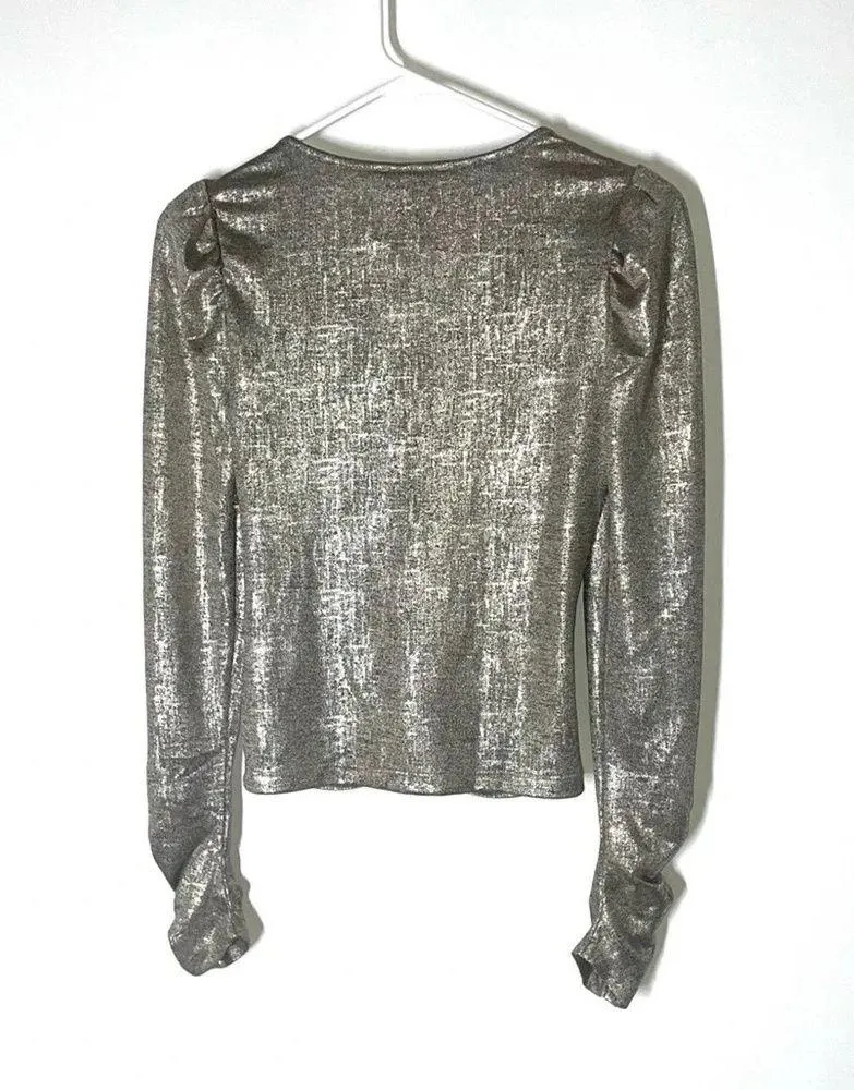 Rachel Zoe Metallic Silver Ruched Long Sleeve Blouse Size Small - Image 7