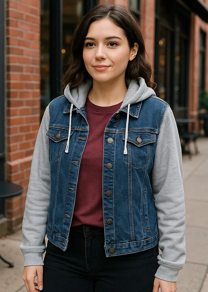 Live a Little Women's Denim Jacket Hooded Jean Jacket Gray Sweatshirt Sleeves L - Image 2