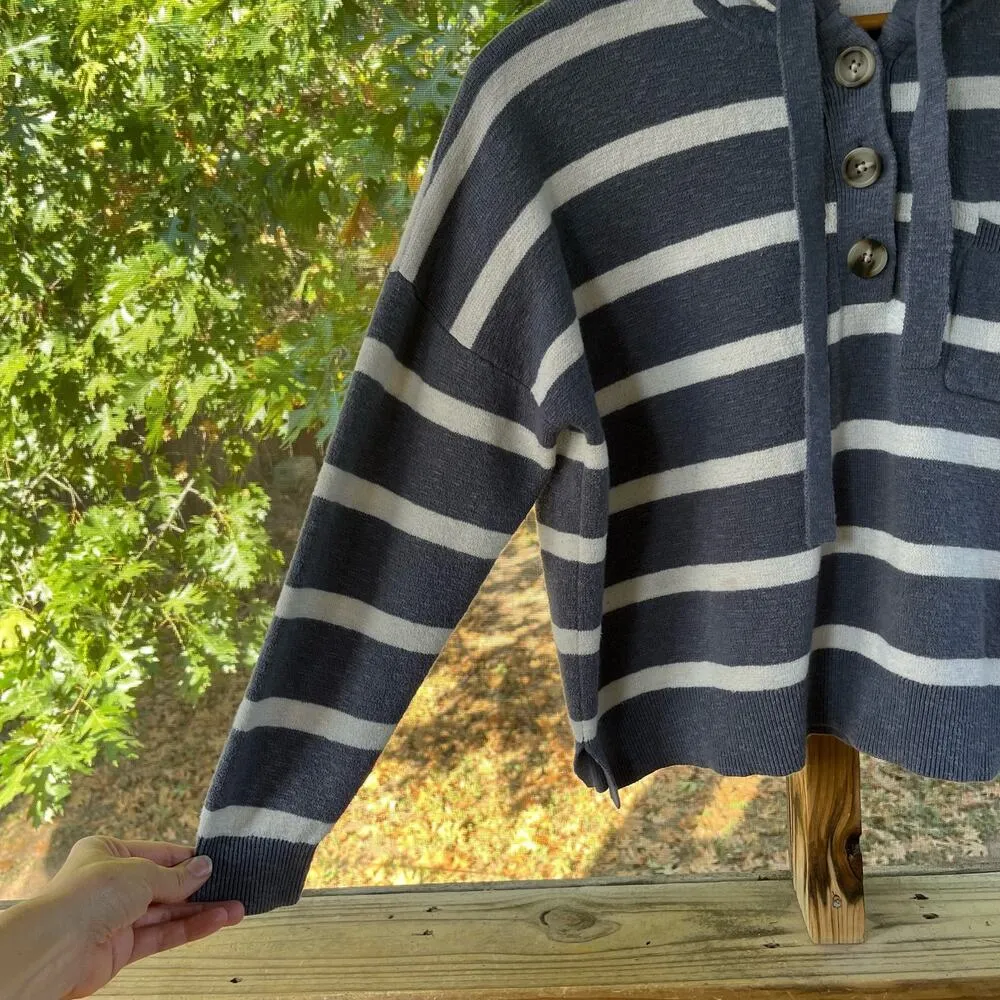 Madewell Striped Olney Henley Hooded Sweater Sunfaded Indigo Size S - Image 5