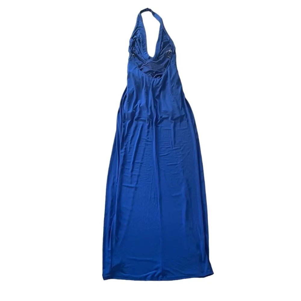 Rubber Ducky Productions Inc. Blue Halter maxi Dress Small Front Slit Sexy - Image 2