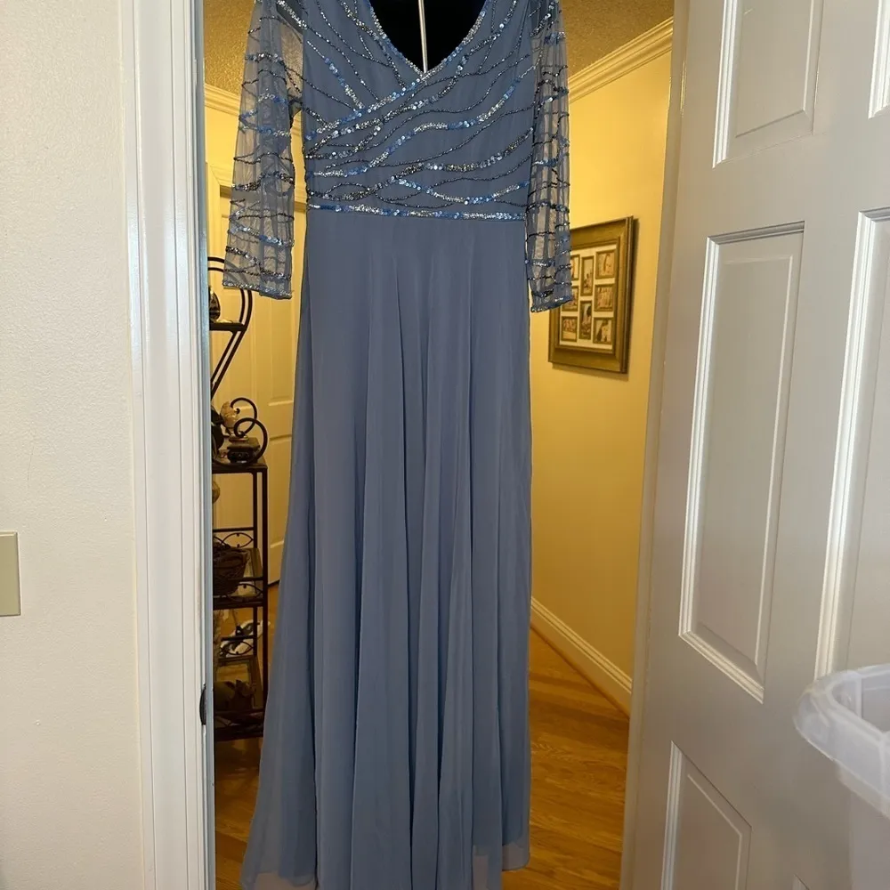 Jkara Slate Blue/Gray 3/4 Sheer Sleeve V Neck Beaded Bodice Dress Size 6P NWT - Image 9