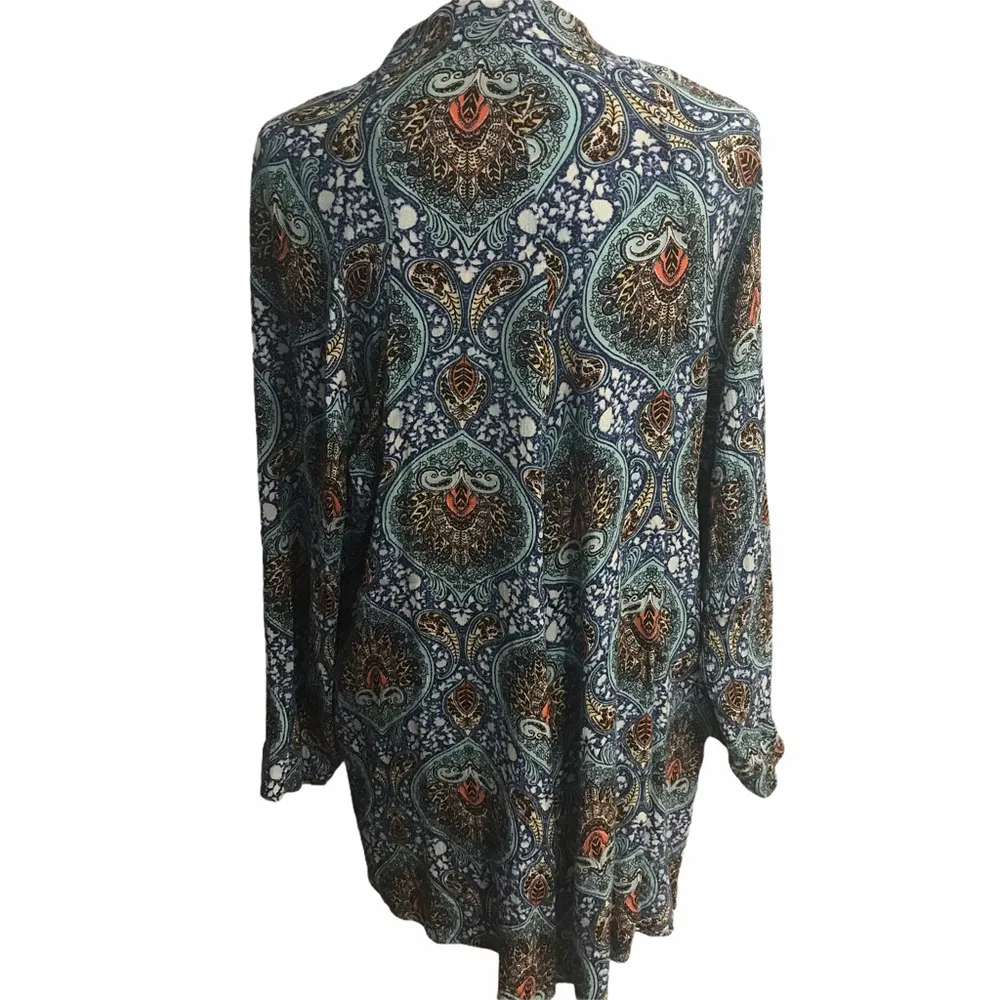 Zoe & Rose Band of Gypsies Boho Blue Paisley Open Front LS Cardigan Hi Low Hem - Image 3