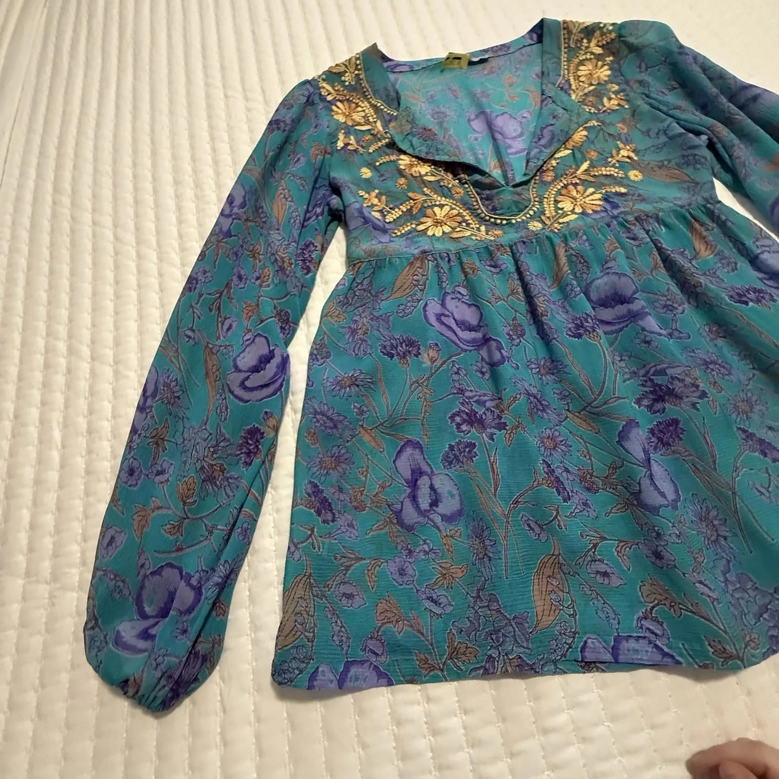 Calypso Christiane Celle Silk Boho Blouse Blue Purple With Embroidery S Small - Image 13