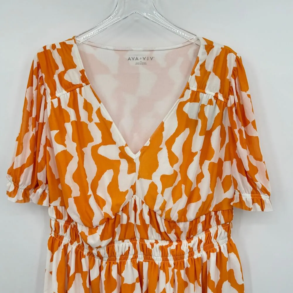 Ava & Viv blouse XXL V neck abstract smocked mesh lined stretch orange white NEW - Image 4