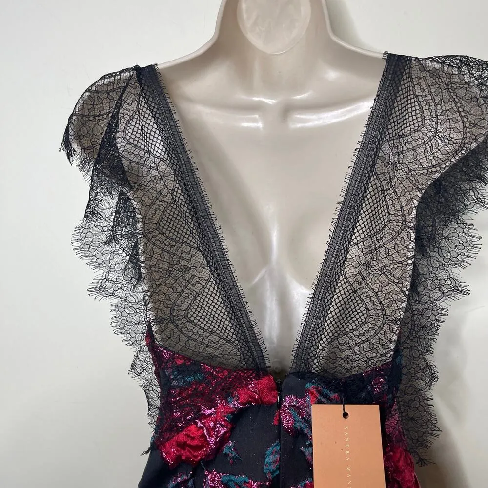 NWT Sandra Mansour jacquard pink roses mini black dress sz 34 US XS - Image 7