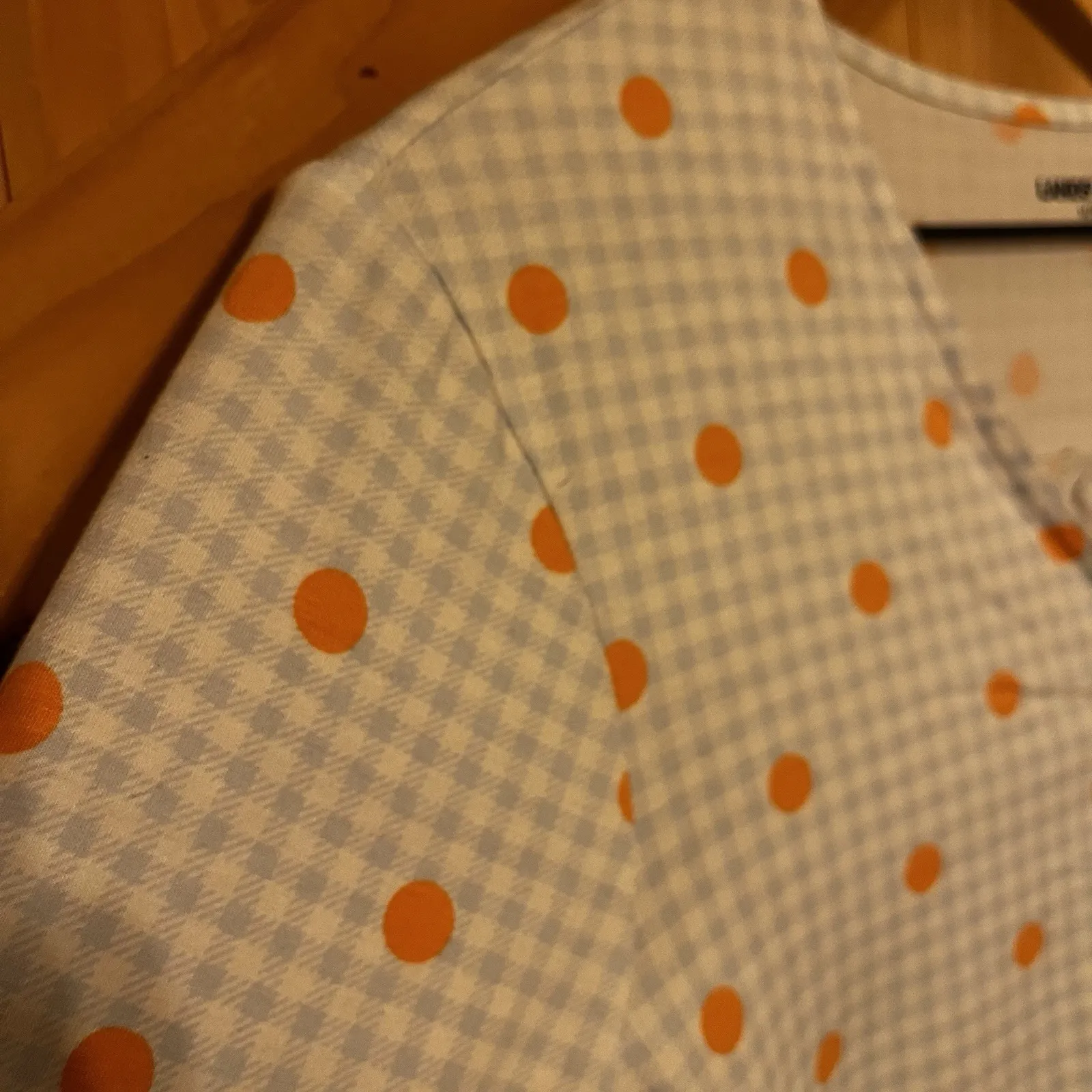 Lands End Medium (10-12)‎ Blue White Gingham Orange Polka Dot Button Front Top - Image 4