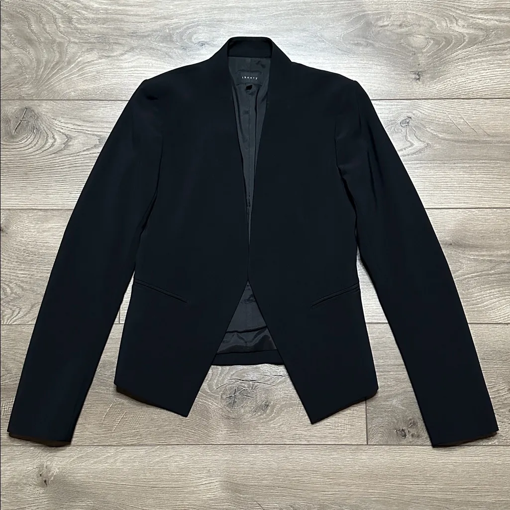 Theory Lanai Classic Open-Front Black Blazer Suit Jacket‎ Wool Blend Size 0 - Image 5