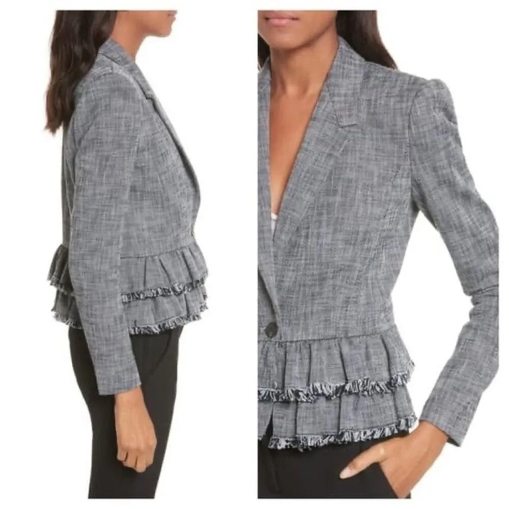 Rebecca Taylor Slub Ruffled-Peplum Suiting Jacket Size 10 Gray/Black Combo - Image 12