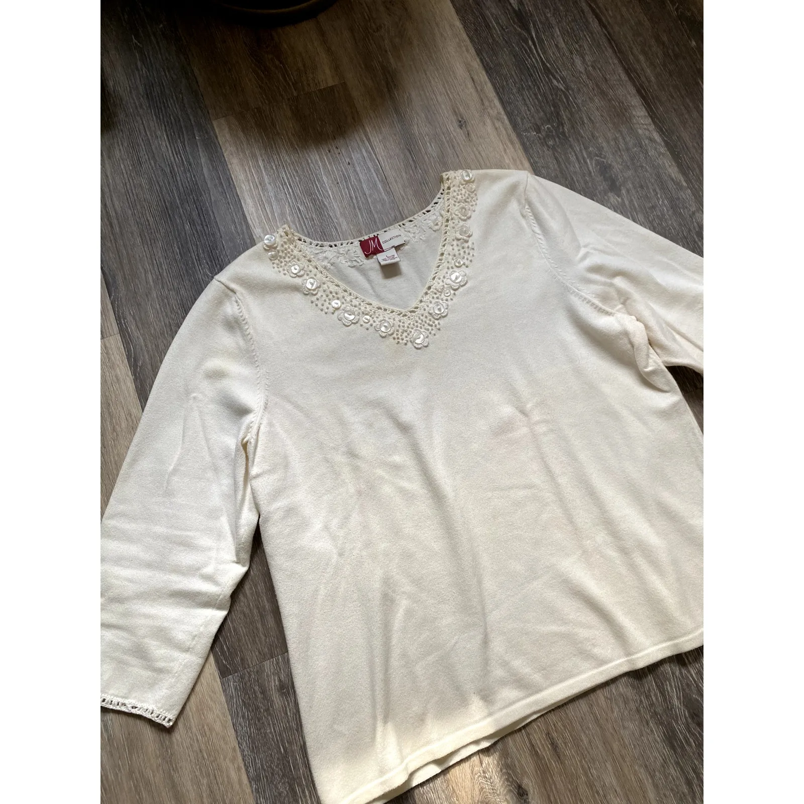 Vintage 90s Button Lace Cottage Cream Knit Top Boho Y2K Dainty Coquette Feminine - Image 2