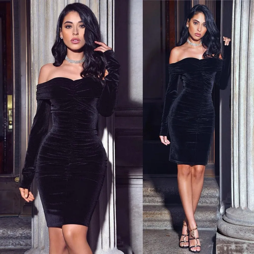 Miss Circle Ashton Black Off Shoulder Velvet Long Sleeve Ruched Bodycon Dress XS - Image 2