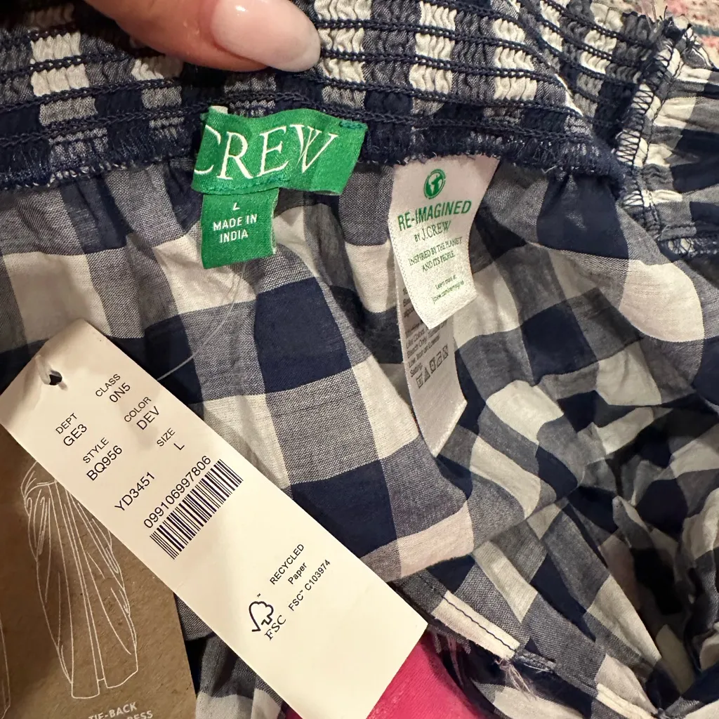 J. Crew Navy Blue Tie-Front Sarang White Plaid Skirt Halter Dress Size L - Image 5