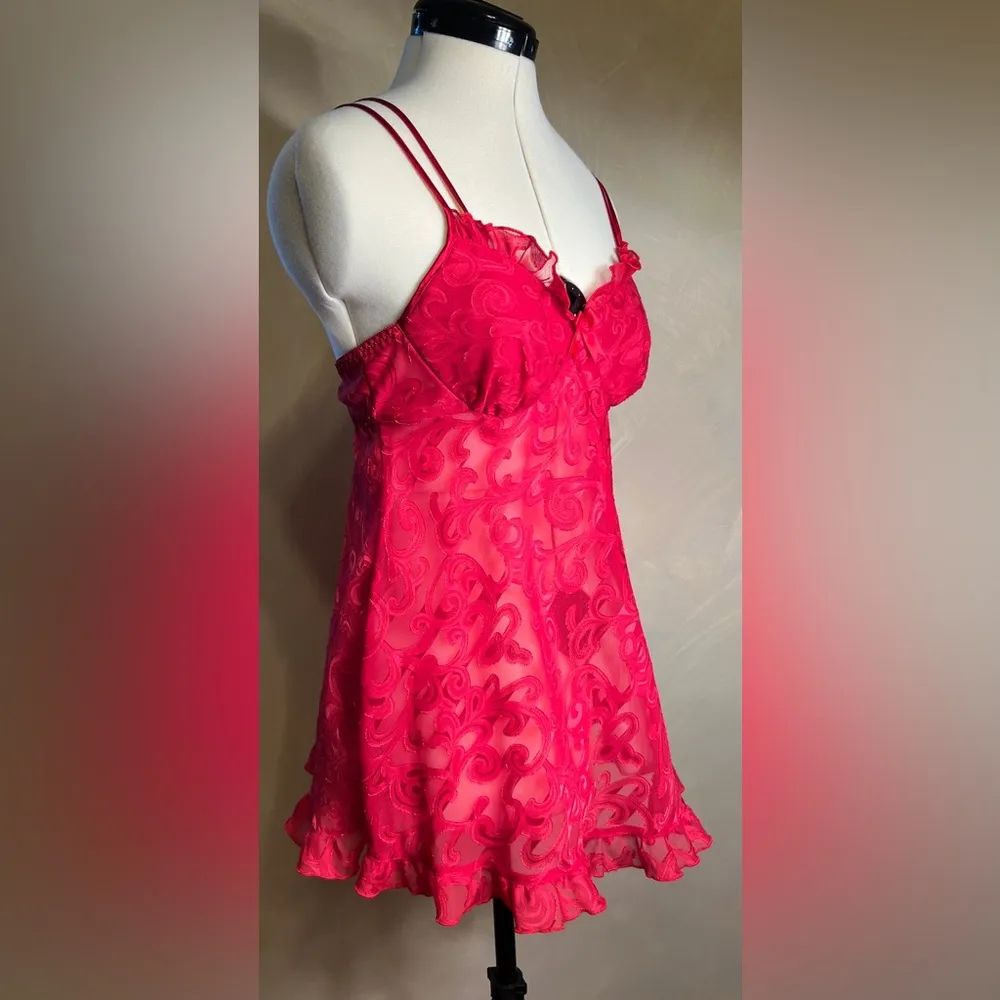 Cinema Etoile Seductivewear Red Sheer Chiffon Babydoll Lingerie Chemise,Y2K|Sz:S - Image 3