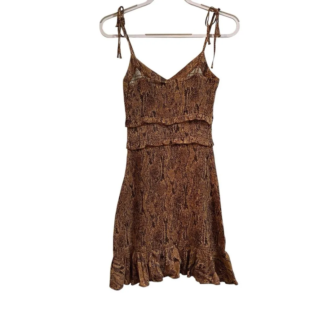 Express Women XS Brown Snake Print Tie Straps VNeck Smocked Ruffle Mini Dress - Image 5