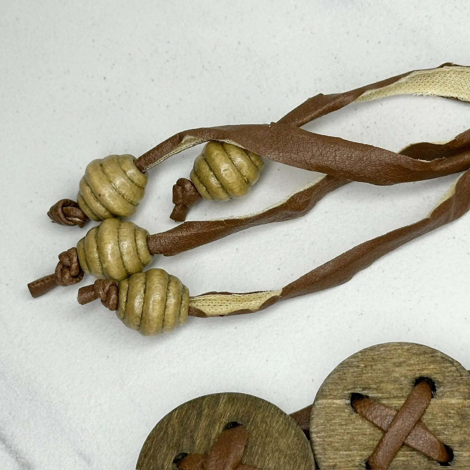 Wood Beaded Faux Leather Tie Belt Small (S) Boho Hippie Festival X - Image 5