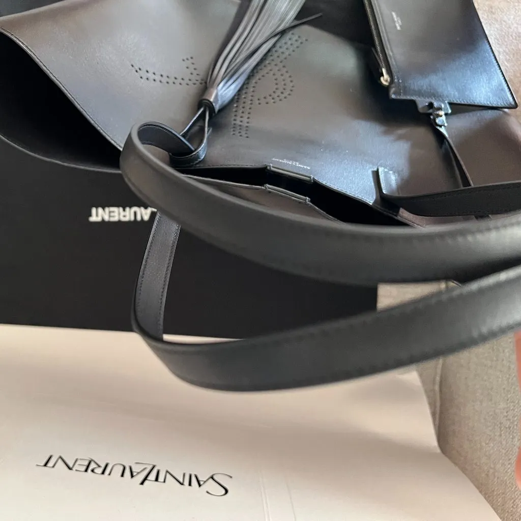 SAINT LAURENT BLACK LEATHER PERFORATED LOGO LARGE TOTE - Image 10