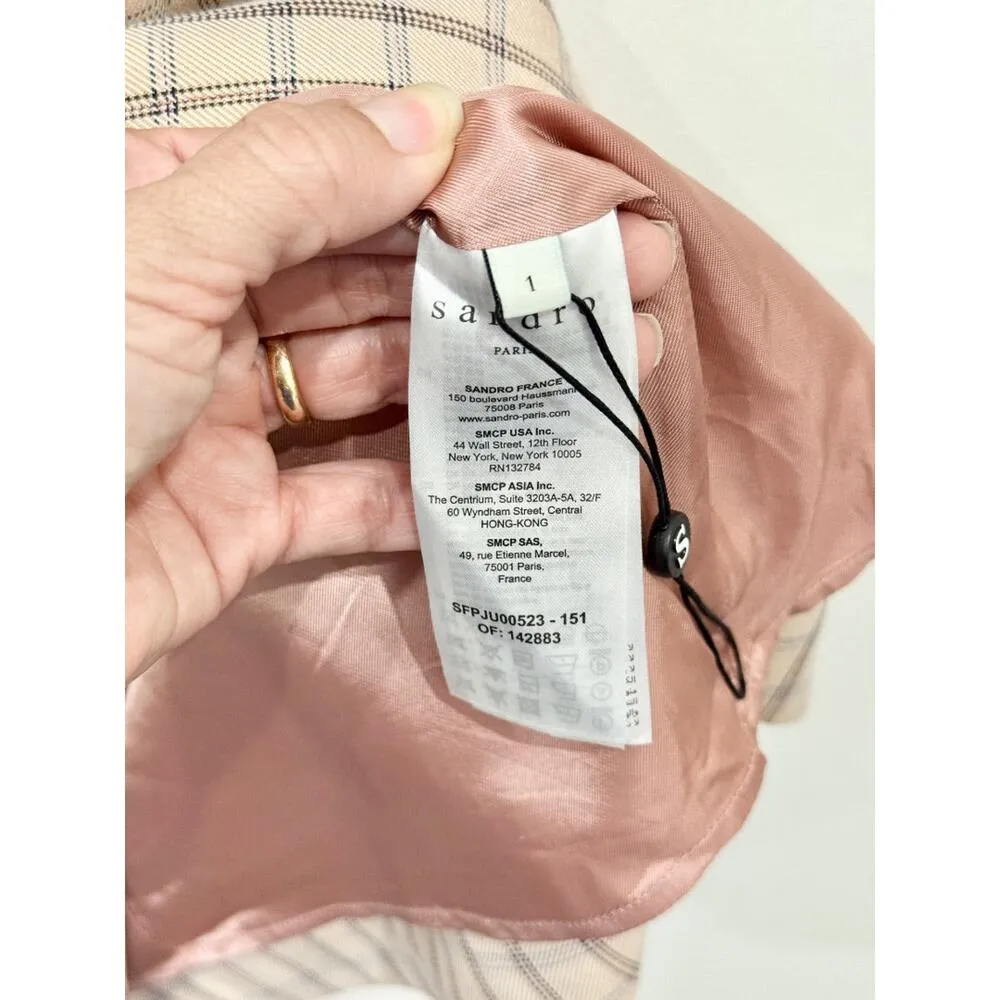 Sandro Meredith Checkered Twill Mini Faux Wrap Skirt Nude Beige Women's Size 1 - Image 7