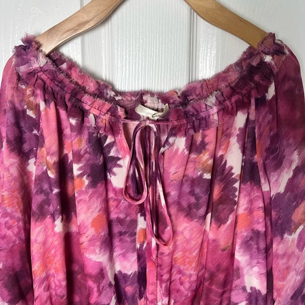 LoveShackFancy Silk Pink Smocked Waist V Neck Frill Popover Floral Mini Dress L - Image 4