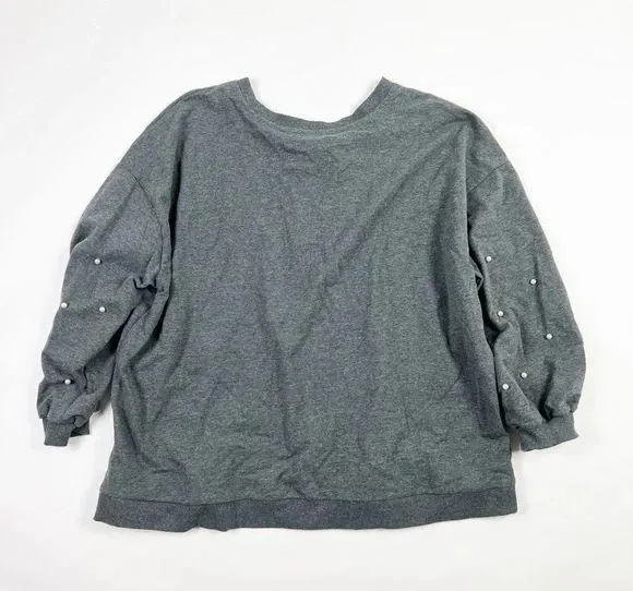 Ellos Cotton Blend Pearl Beaded Embellished Crew Neck Pullover Gray Sweater - Image 5