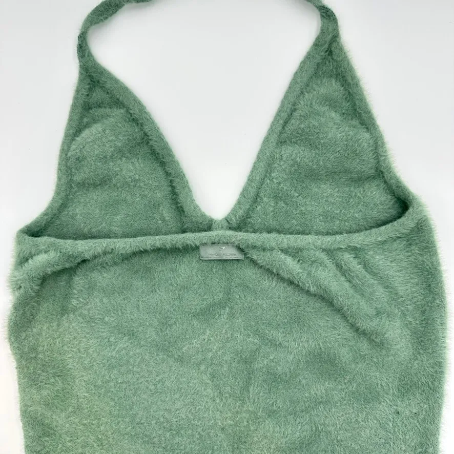Gymshark Whitney Simmons Fuzzy Knit Halter Top Sage Green Cropped XL - Image 4