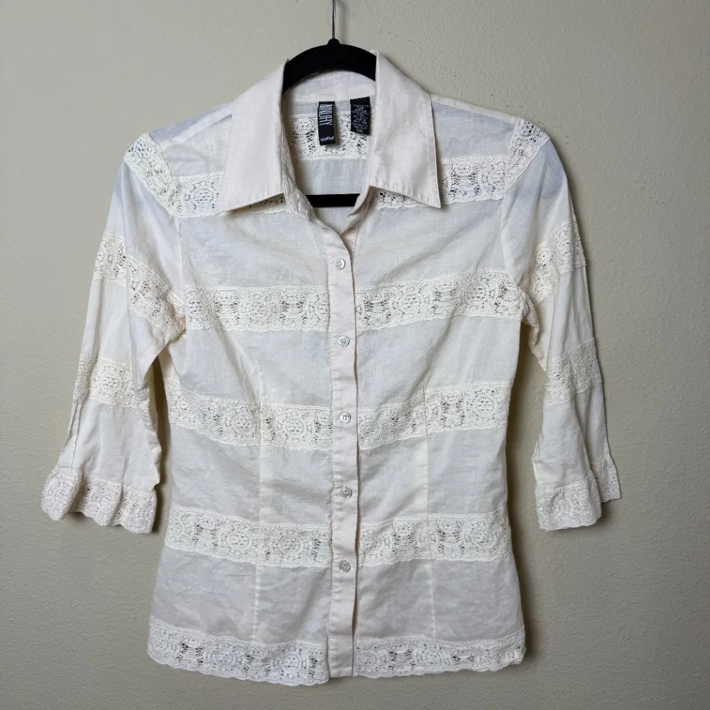 Vintage Laundry by Shelli Segal Lace Blouse Top Shirt Size Small Cream - Image 2