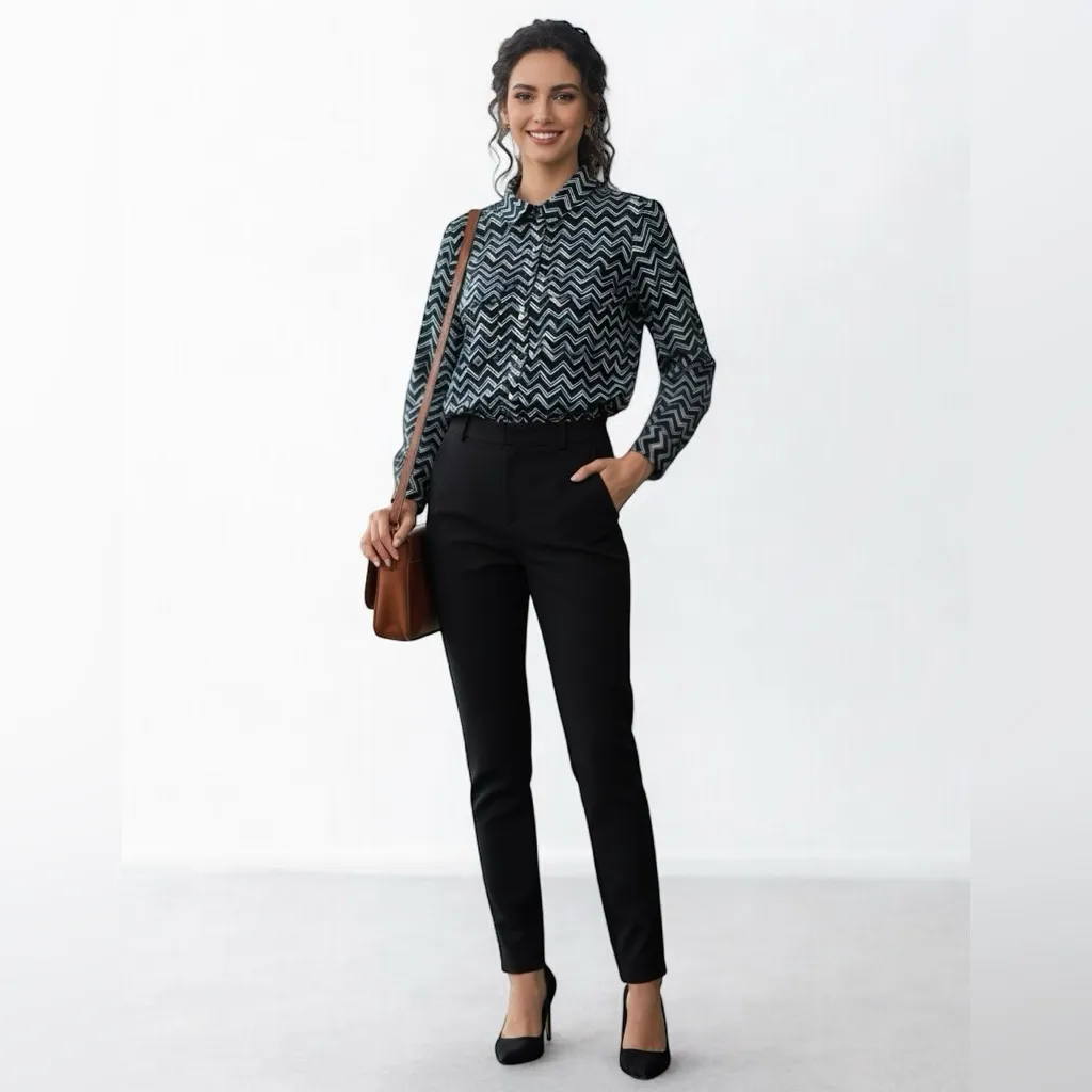 Ivanka Trump Women's Blouse Zigzag Long Sleeve Button Up Blue Black White Size M - Image 2