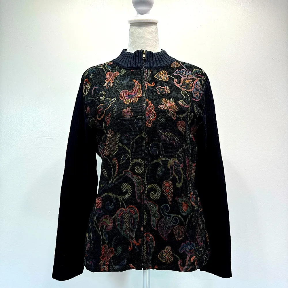 Christopher & Banks Black Ribbed w Jewel Tone Jacquard Floral Zip Front Cardigan - Image 7