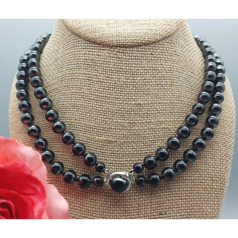 Vintage Black Glass Bead Double Strand Necklace Hidden Silver Tone Clasp 17 Inch - Image 2