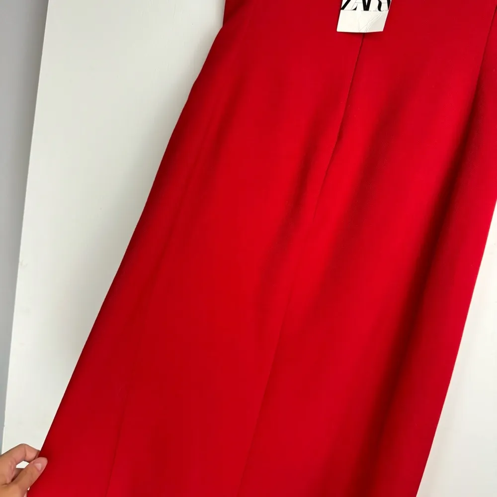 NWT ZARA Red Strapless Midi Dress Sz Medium Flap Pockets Buttons - Image 15
