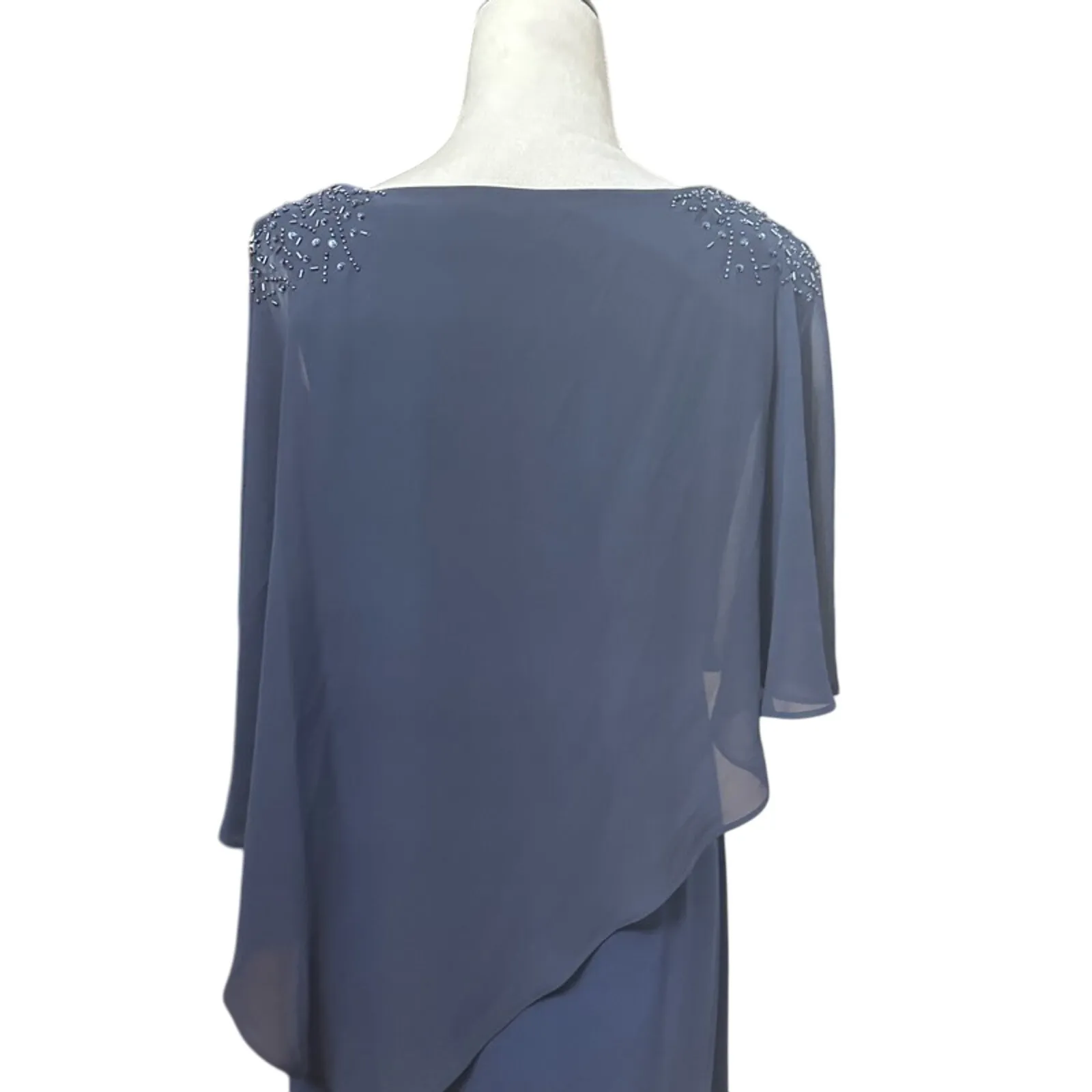 SLNY Sheath Dress Flowing Capelet Round Neckline Bead Accents Blue Women's 6 NWT - Image 8