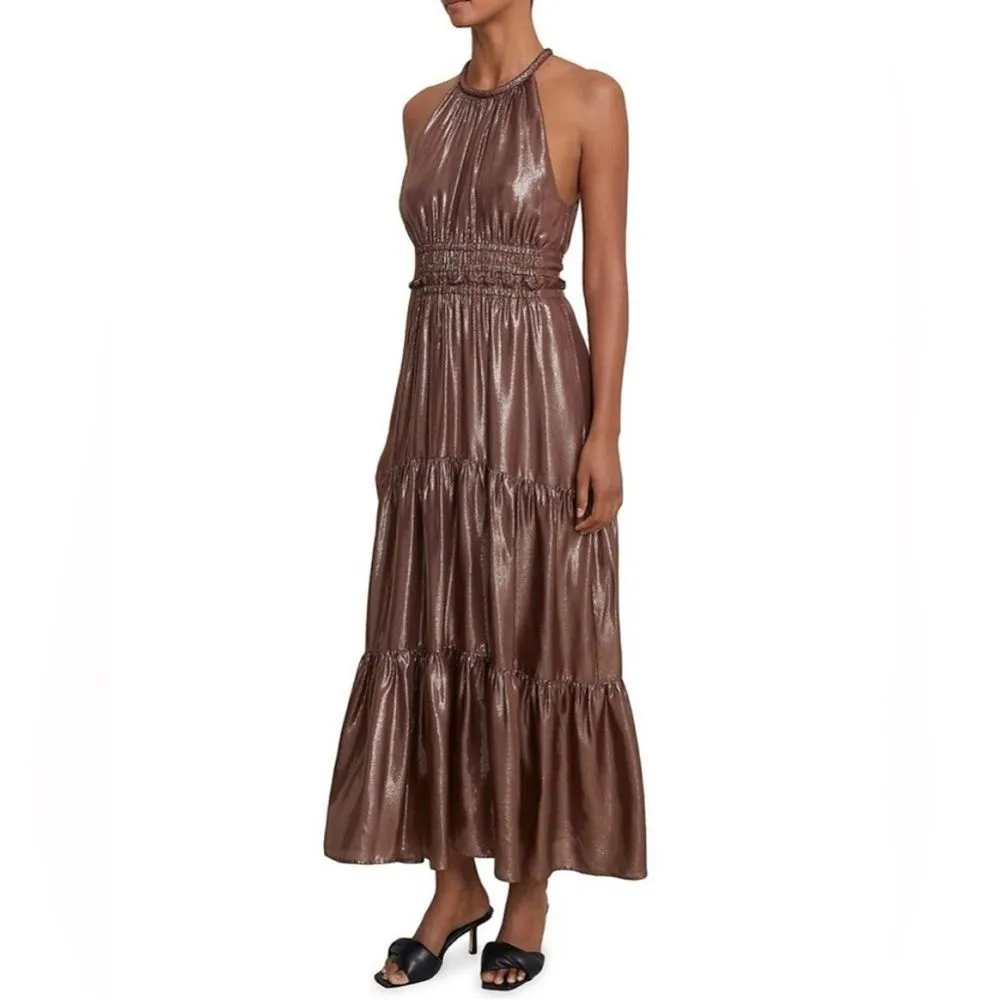 A.L.C. Elara Silk Blend Metallic Tiered Maxi Dress Bitter Chocolate Sz 14 - Image 4
