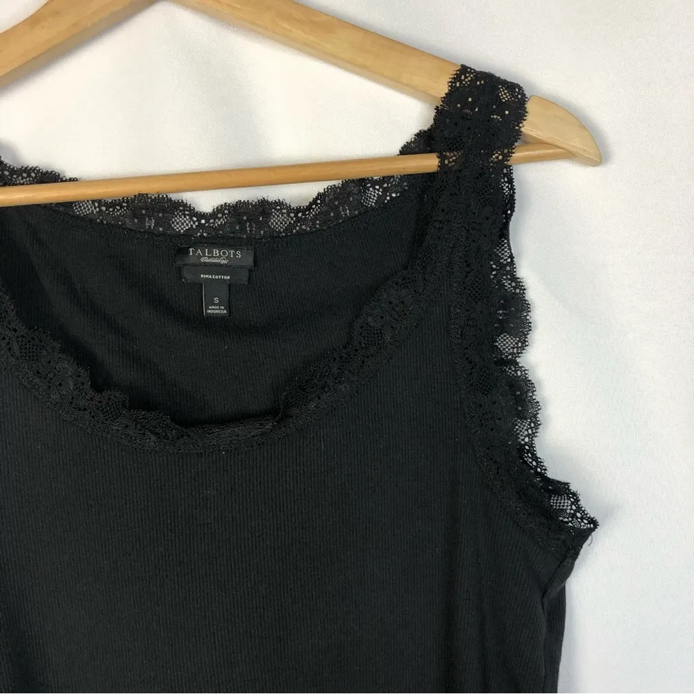 Talbots Black Ribbed Lace Trim Pima Cotton Cami Tank Top S - Image 3