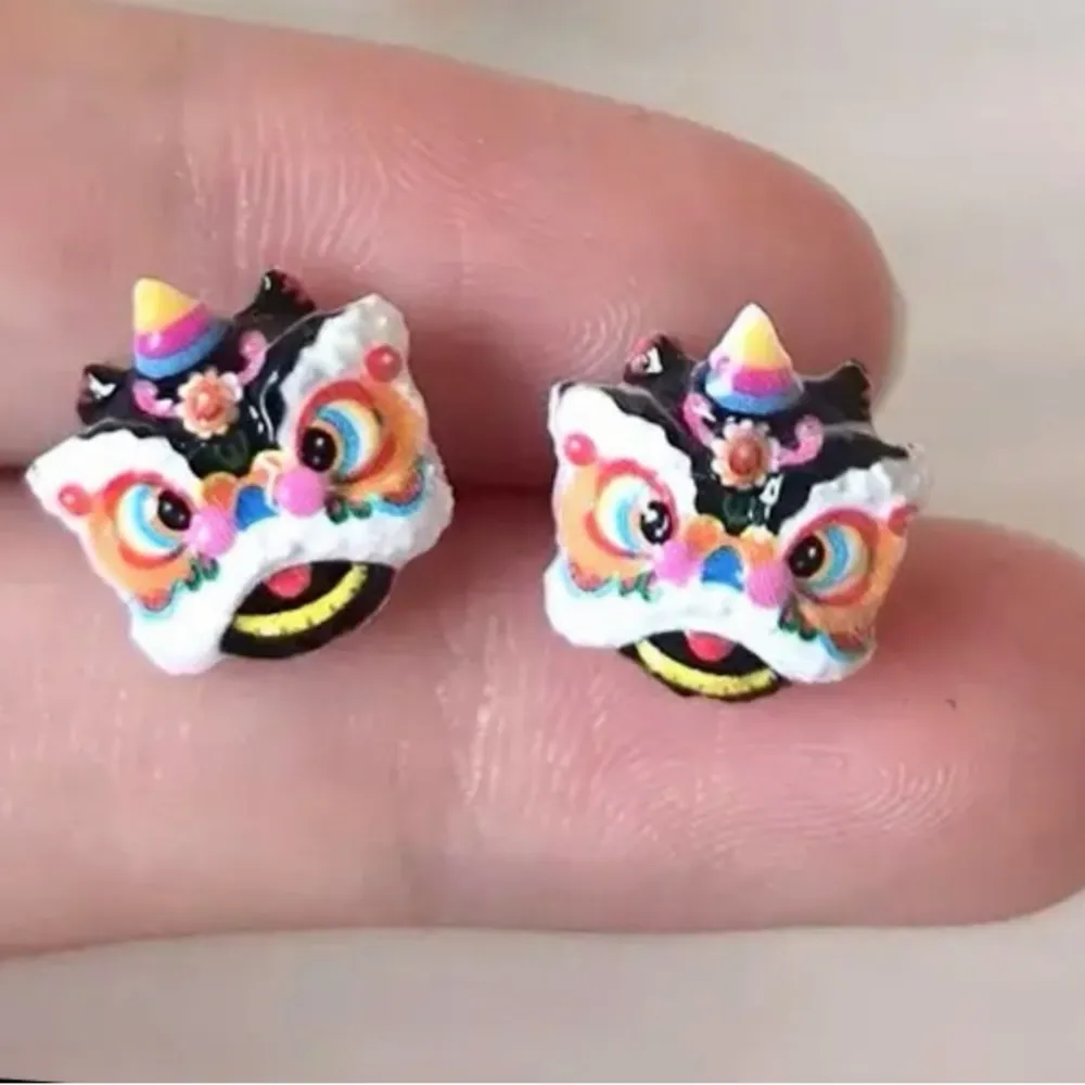 Colorful Chinese Lion lucky blue stud Dragon Mask Earrings cute small gift new - Image 5