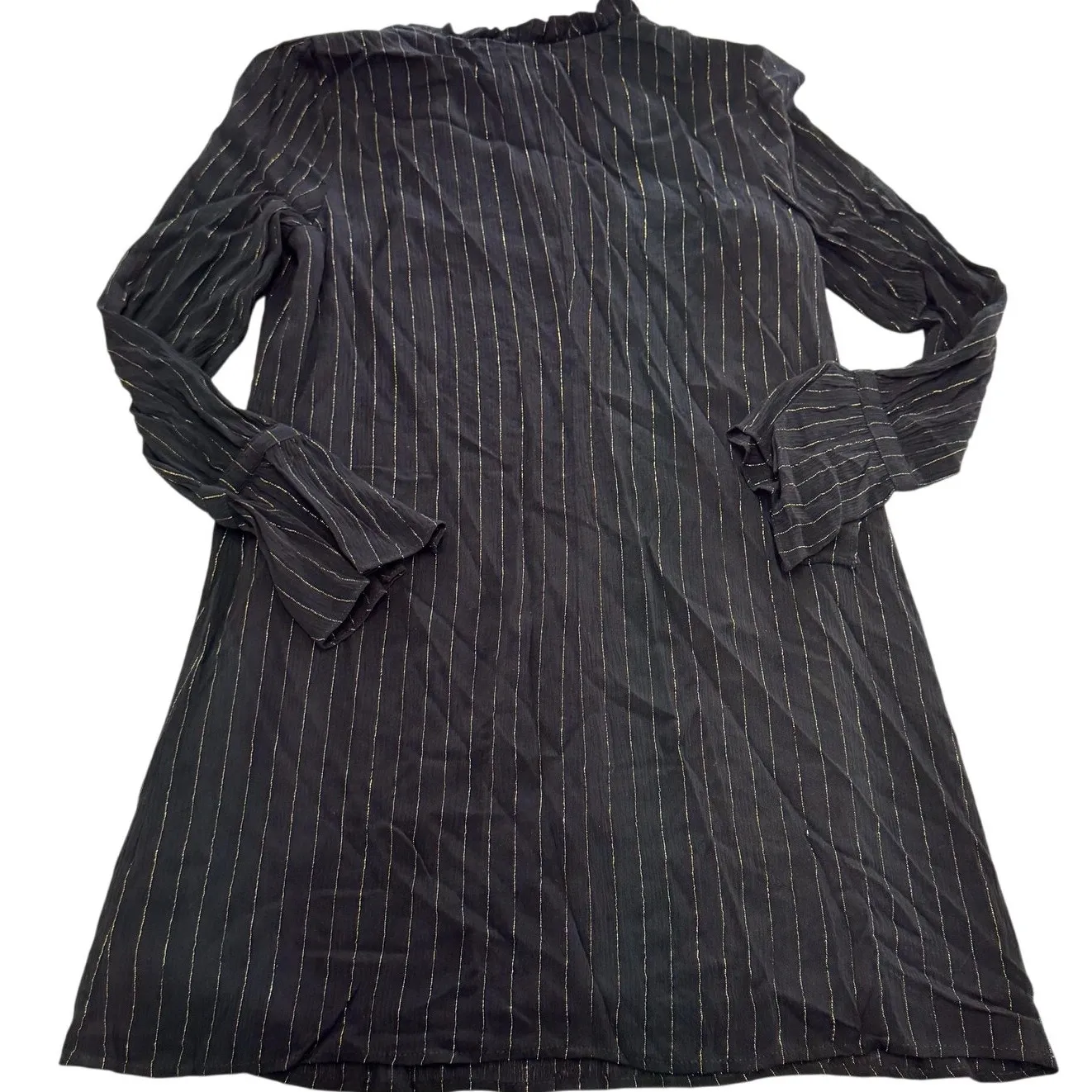 Gilli Dress Womens Small Black Gold Stripe Long Sleeve Ruffle Neck‎ Mini Rayon - Image 2