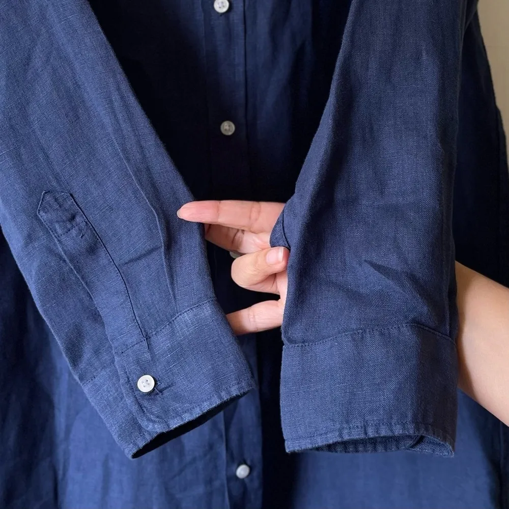 Frank & Eileen Rory Maxi Dress Button-Down Linen Navy Blue Medium EUC - Image 4